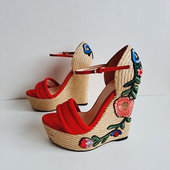 Gucci Red Suede Floral Embroidered Wedge Platform Ankle Strap Size 36.5 - Picture 10 of 16